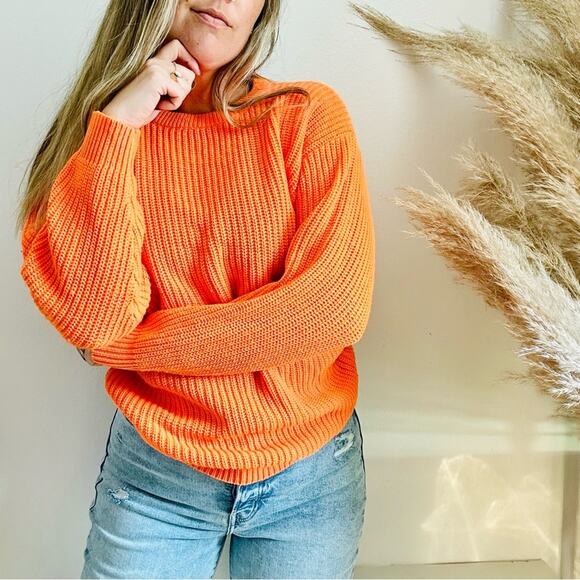 EXPRESS Neon Orange Chunky Thick Knit Tunic Pullover Crew Neck Cozy Sweater M - Picture 5 of 14